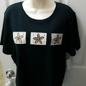 Black T-shirt with applique flowers and beads, NWT